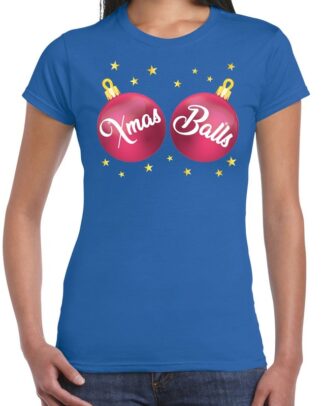 Fout kerst t-shirt blauw met roze Xmas balls voor dames