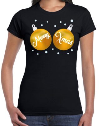 Fout kerst t-shirt zwart met gouden merry Xmas ballen voor dames