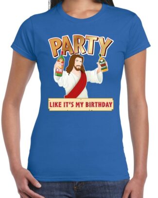 Foute kersttrui t-shirt Party Jezus - Blauw - Party like its my birthday - voor dames - kerstkleding