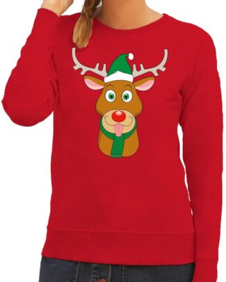 Foute kersttrui - sweater - Rudolf het rendier met groene kerstmuts - rood - voor dames