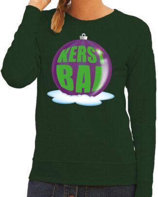 Foute kersttrui kerstbal paars op groene sweater voor dames