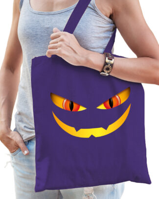 Halloween tas/shopper - paars - katoen - 42 x 38 cm - monster gezicht